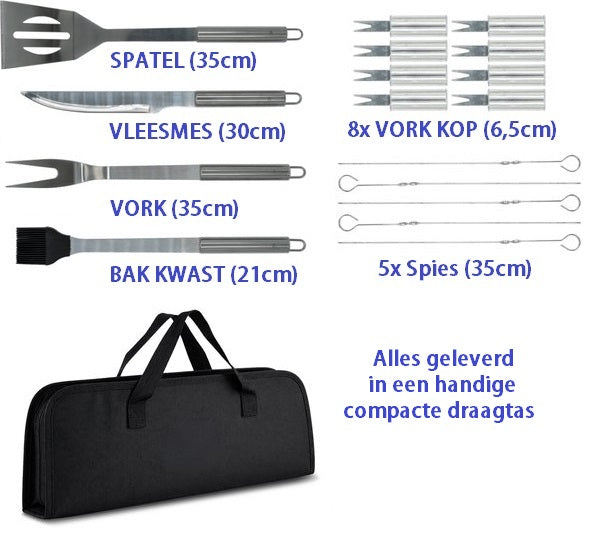 Grill Set Pro - Roestvrijstalen BBQ gereedschap set 18 delig