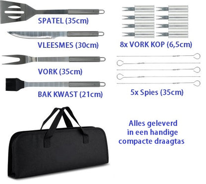 Grill Set Pro - Roestvrijstalen BBQ gereedschap set 18 delig